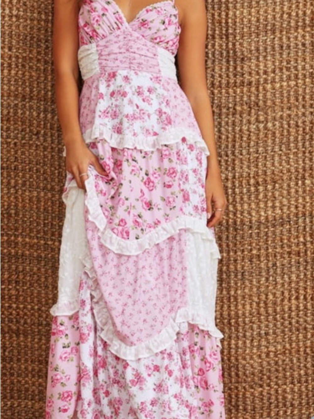 Altar'd State Pink Floral Ruffled Maxi Dress